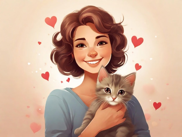 una mujer sosteniendo un gato y un corazón con una imagen de un gato