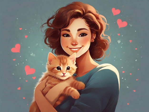 una mujer sosteniendo un gato y un fondo en forma de corazón