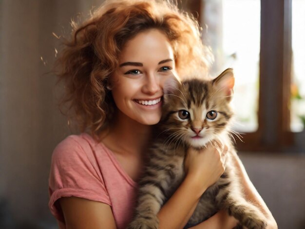 una mujer sosteniendo un gato y un gato que está sonriendo