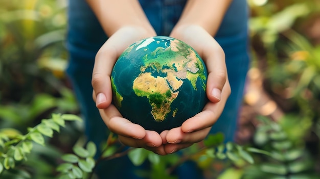 Mujer sosteniendo un globo azul estilizado para transmitir un mensaje de conciencia ambiental y sostenibilidad de una manera elegante e inspiradora