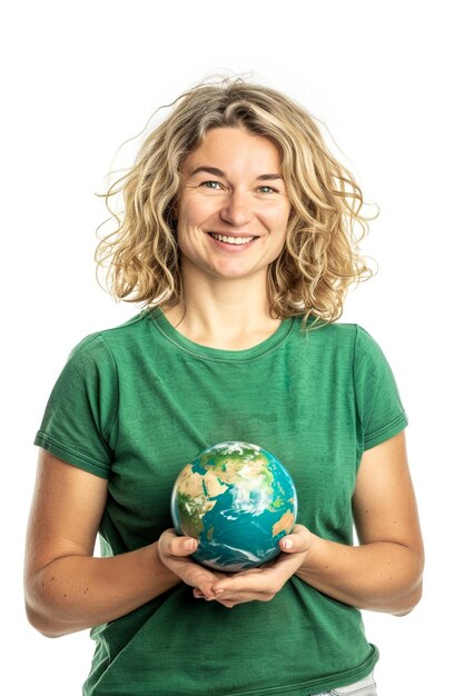 una mujer sosteniendo un globo con el mundo en él