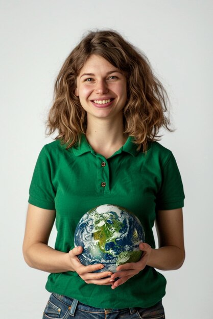 una mujer sosteniendo un globo con el mundo en él