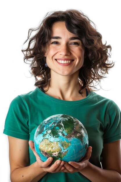 una mujer sosteniendo un globo con el mundo en él