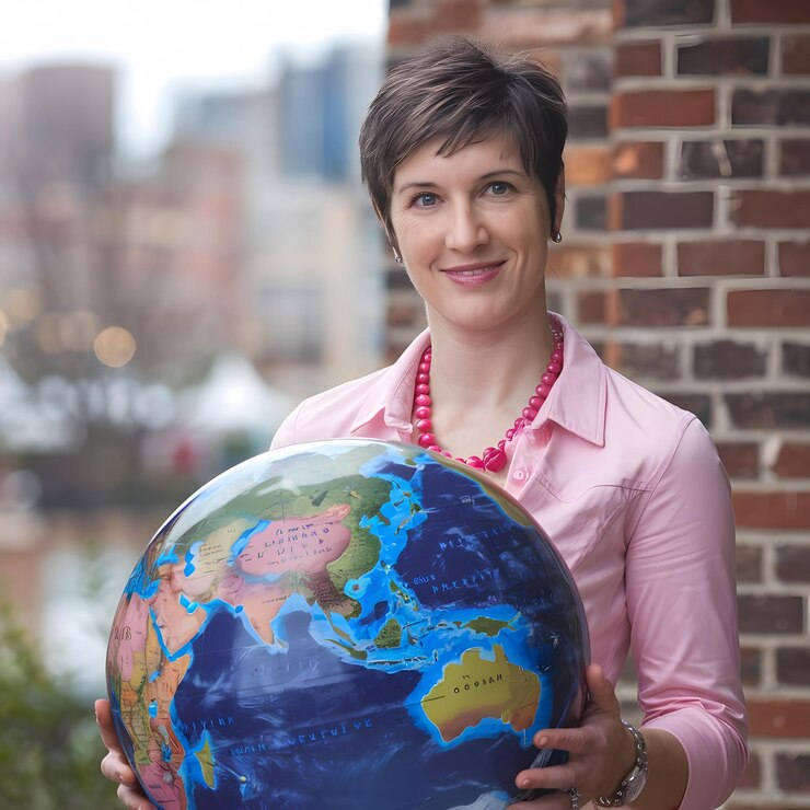 una mujer sosteniendo un globo con la palabra mundo en él