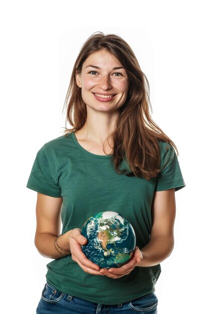 Foto una mujer sosteniendo un globo con la palabra tierra en él