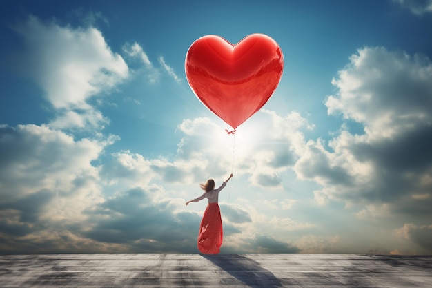 Mujer sosteniendo un globo rojo en forma de corazón contra el cielo