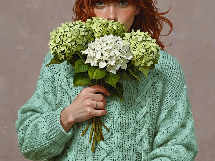 una mujer sosteniendo un gran ramo de hortensias verdes y blancas