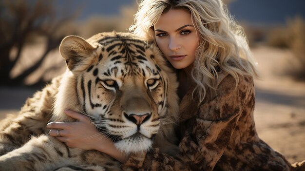 Mujer sosteniendo un gran tigre blanco en el desierto