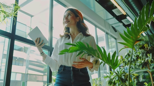 Foto una mujer sosteniendo un libro y una planta en el fondo