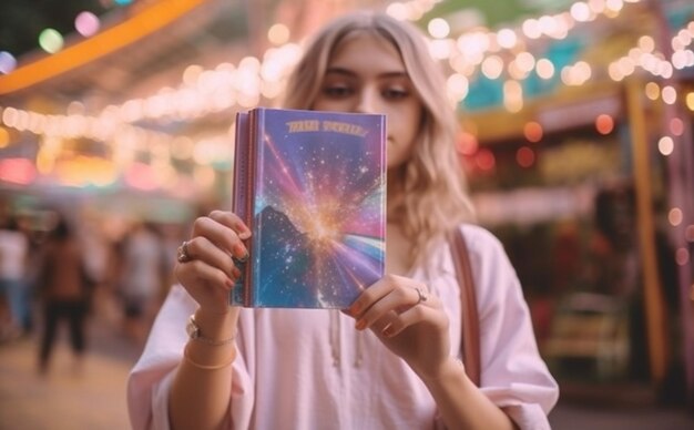 Foto mujer sosteniendo un libro con una portada cósmica delante de su cara en un animado recinto ferial creando un