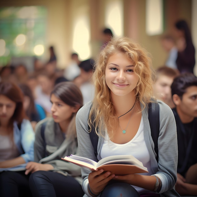 una mujer sosteniendo un libro y sonriendo