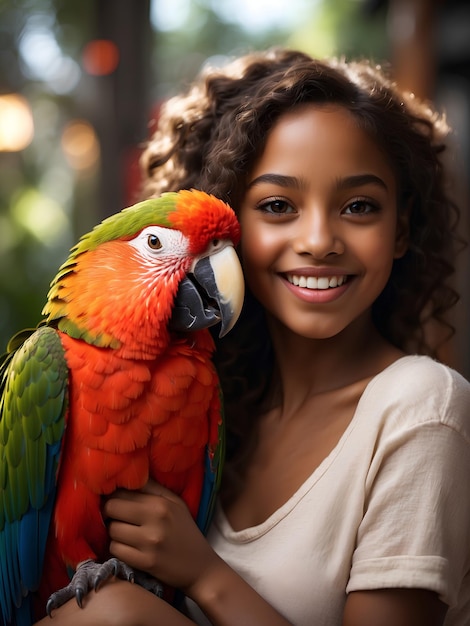 una mujer sosteniendo un loro y sonriendo con una sonrisa