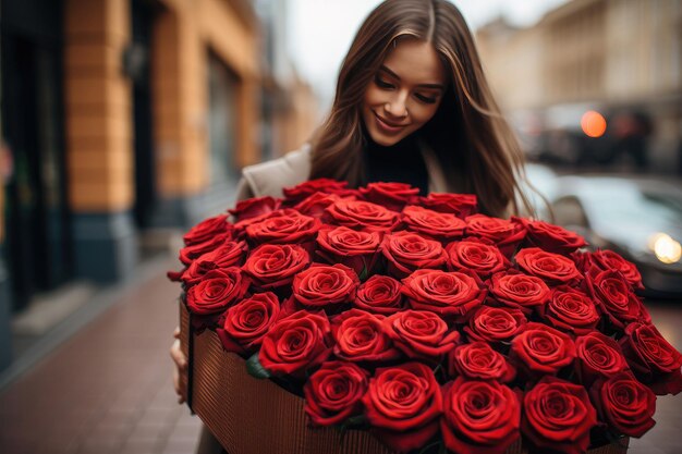 Foto mujer sosteniendo un lujoso ramo de rosas rojas frescas