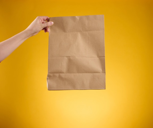 Mujer sosteniendo en la mano una bolsa de papel artesanal en blanco marrón para llevar sobre fondo amarillo. Maqueta de plantilla de embalaje. Concepto de servicio de entrega