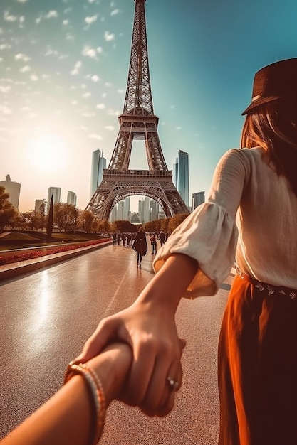 una mujer sosteniendo una mano frente a la torre eiffel