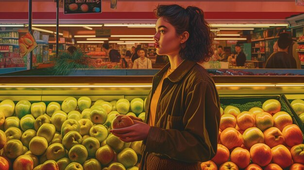 mujer sosteniendo una manzana frente a una fruta