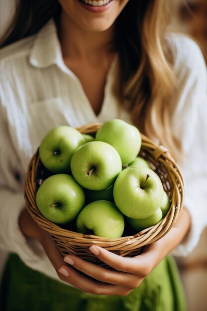 una mujer sosteniendo una manzana verde con una mordida sacada de ella con una cesta de manzanas en el fondo