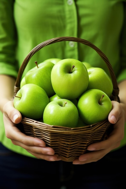 una mujer sosteniendo una manzana verde con una mordida sacada de ella con una cesta de manzanas en el fondo