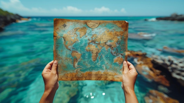 Mujer sosteniendo un mapa del mundo antiguo sobre un mar tropical