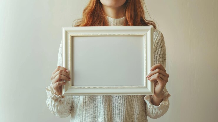 Una mujer sosteniendo un marco de imagen en blanco con espacio para el texto promocional