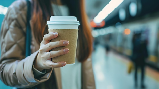 Una mujer sosteniendo un modelo de taza de café