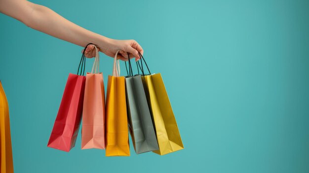 una mujer sosteniendo un montón de bolsas de compras contra un fondo azul