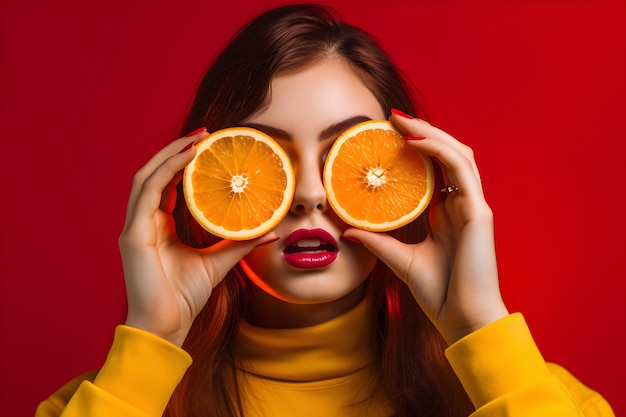 Una mujer sosteniendo naranjas frente a sus ojos.