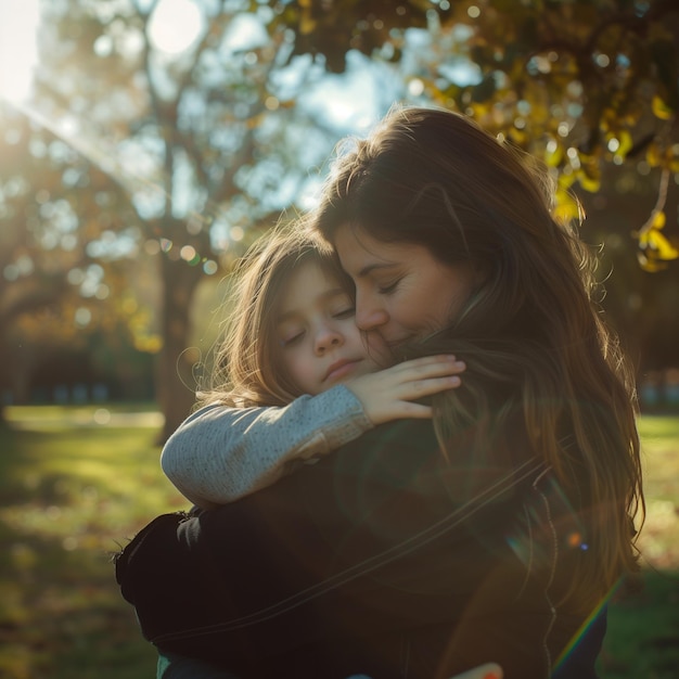 Foto una mujer sosteniendo a un niño con la palabra 