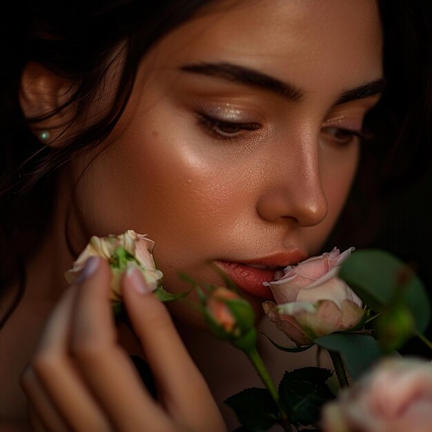 Foto una mujer sosteniendo y olfateando suavemente un ramo de rosas