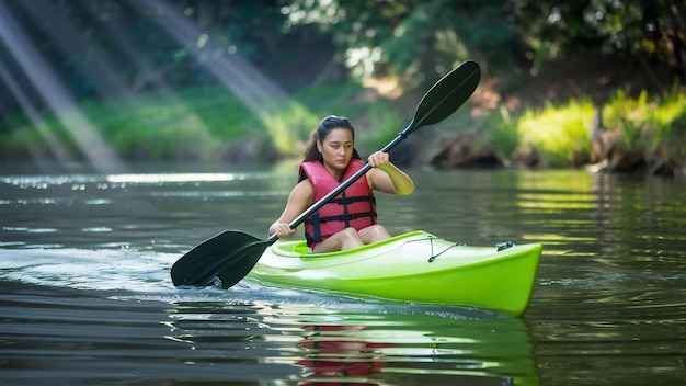 Mujer sosteniendo una paleta en un kayak en el río