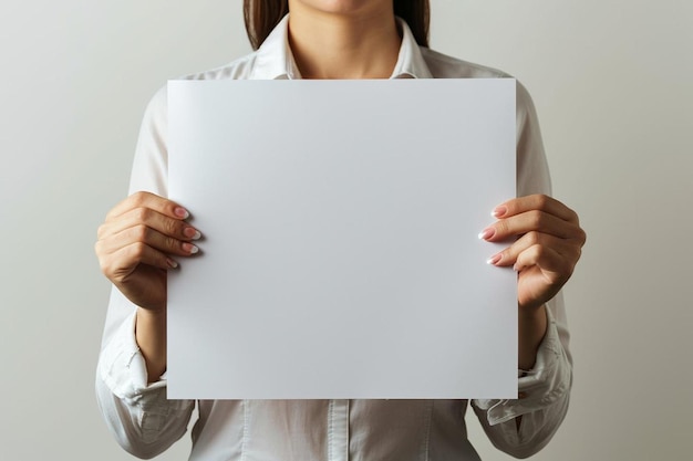 una mujer sosteniendo un papel en blanco frente a su cara