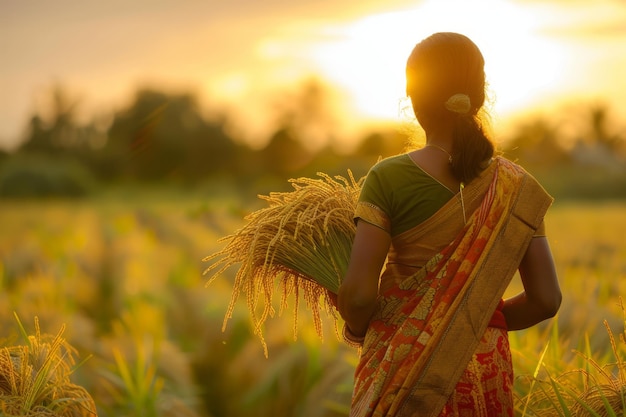 Mujer sosteniendo un paquete de arroz en el campo