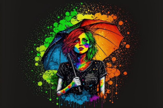 Mujer sosteniendo paraguas protegiéndose de salpicaduras de colores ilustración de estilo de arte digital pintura concepto de fantasía de una mujer sosteniendo paraguas
