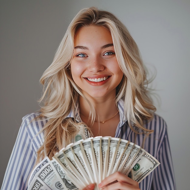 una mujer sosteniendo una pila de dinero con la palabra dólar en él