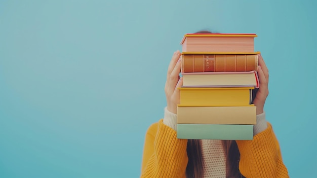 una mujer sosteniendo una pila de libros con uno de ellos siendo sostenido