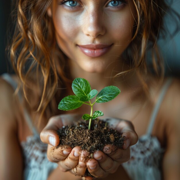 Foto una mujer sosteniendo una planta en sus manos con la palabra 