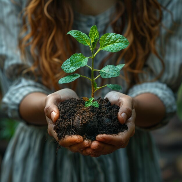 una mujer sosteniendo una planta en sus manos