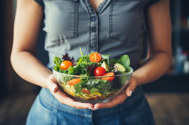 Foto una mujer sosteniendo un plato de ensalada en sus manos