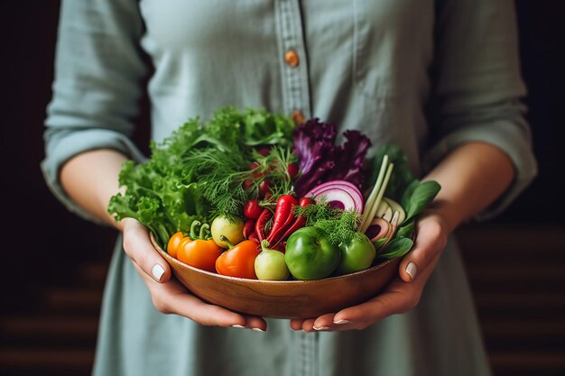 Mujer sosteniendo un plato de ensalada con verduras vibrantes y un aderezo ligero IA generativa