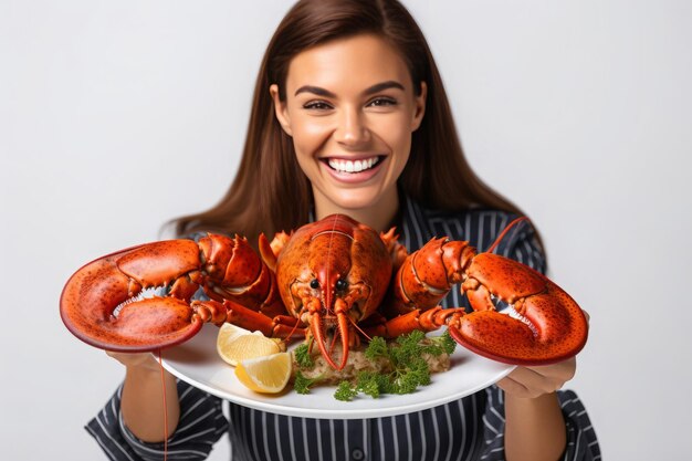 Foto una mujer sosteniendo un plato de langostas y limones