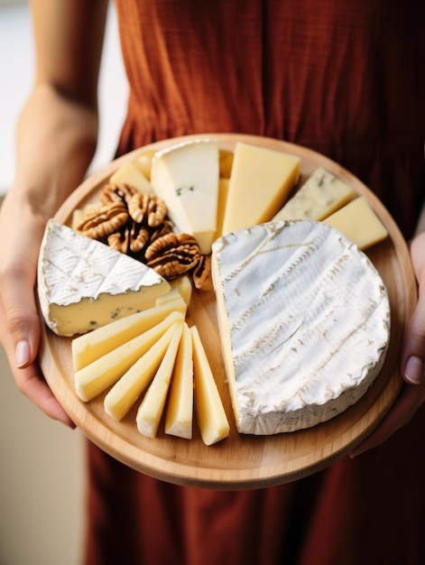 Mujer sosteniendo un plato de queso manos sosteniendo una bandeja de madera con nueces de camembert brie y queso azul