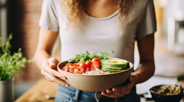 Una mujer sosteniendo un plato de verduras con los ingredientes para una ensalada.