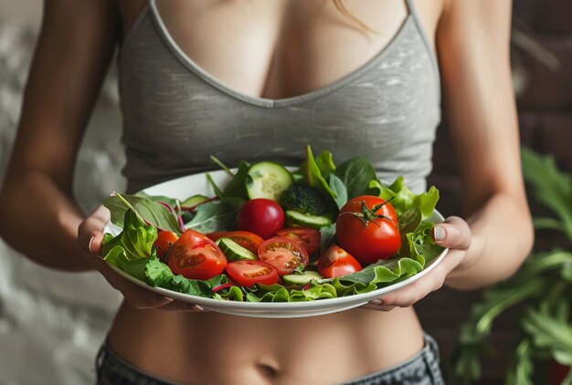 Foto una mujer sosteniendo un plato de verduras con un platillo de verduras en él
