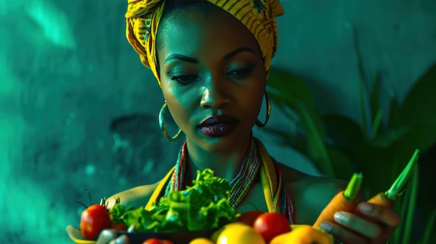 Foto mujer sosteniendo una porción de verduras