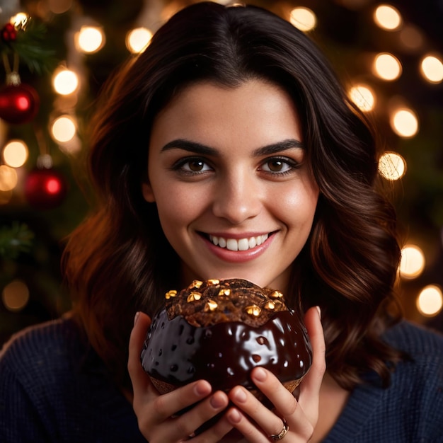 mujer sosteniendo pudín de Navidad sonriendo