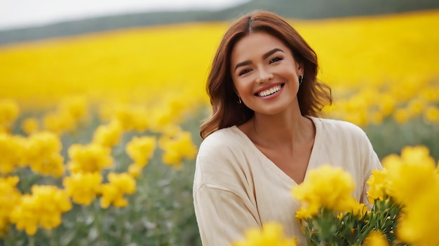 una mujer sosteniendo un ramo de flores amarillas en un campo