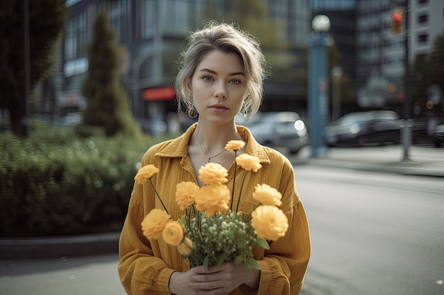 Una mujer sosteniendo un ramo de flores amarillas