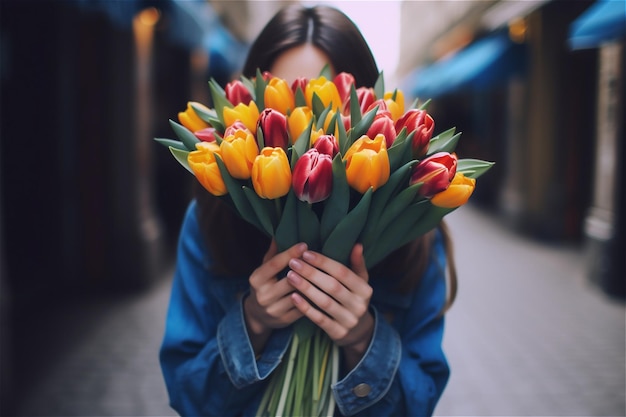 Mujer sosteniendo un ramo de flores Contenido generado por IA