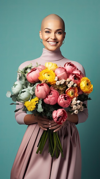 Mujer sosteniendo ramo de flores florista calvo