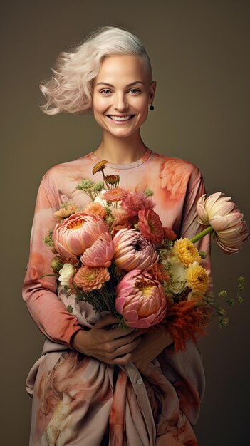 Mujer sosteniendo ramo de flores florista calvo